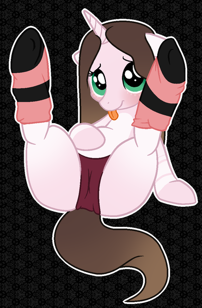 Size: 803x1226 | Tagged: questionable, artist:cindydreamlight, artist:lruika, derpibooru import, oc, oc:cindy, pony, unicorn, base used, brown underwear, cameltoe, clothes, female, mare, panties, socks, solo, solo female, tongue out, underwear