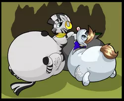 Size: 1280x1045 | Tagged: safe, artist:virus-20, derpibooru import, zecora, oc, oc:drew, zebra, bottom heavy, ear piercing, earring, fat, female, image, jewelry, jpeg, mare, obese, piercing, zecobese