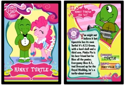 Size: 1024x700 | Tagged: safe, artist:tim-kangaroo, derpibooru import, pinkie pie, oc, oc:kinky turtle, pony, tortoise, bowtie, clothes, collector card, comb, fan made, hidden message, party dress, ponyville, spats, tuxedo, two sides