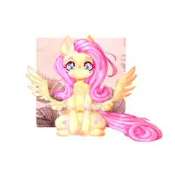 Size: 3333x3333 | Tagged: safe, artist:pinkk-king, derpibooru import, fluttershy, pegasus, pony, blush sticker, blushing, chest fluff, female, full face view, looking at you, mare, sitting, smiling, solo, spread wings, wings