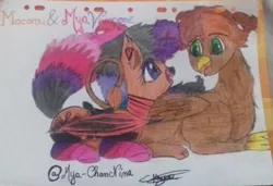 Size: 1619x1108 | Tagged: safe, artist:mya-chan nina, derpibooru import, oc, oc:hoxton, oc:mya-chan the vampony, unofficial characters only, alicorn, gryphon, pony, vampire, vampony, alicorn oc, bat wings, beak, claws, clothes, colored, dyed mane, eyebrows, eyelashes, griffon oc, horn, looking at each other, lying down, paws, peytral, saddle, scrunchie, sharp teeth, simple background, smiling, socks, striped socks, tack, talking, teeth, title, traditional art, wings