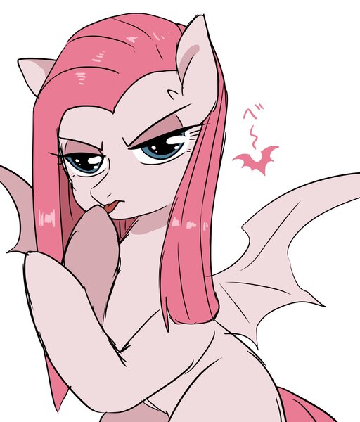 Size: 1746x2048 | Tagged: safe, artist:hosikawa, derpibooru import, pinkie pie, bat pony, pony, angry, bat wings, female, glare, intimidating, licking, mare, pinkamena diane pie, solo, species swap, tongue out, wings