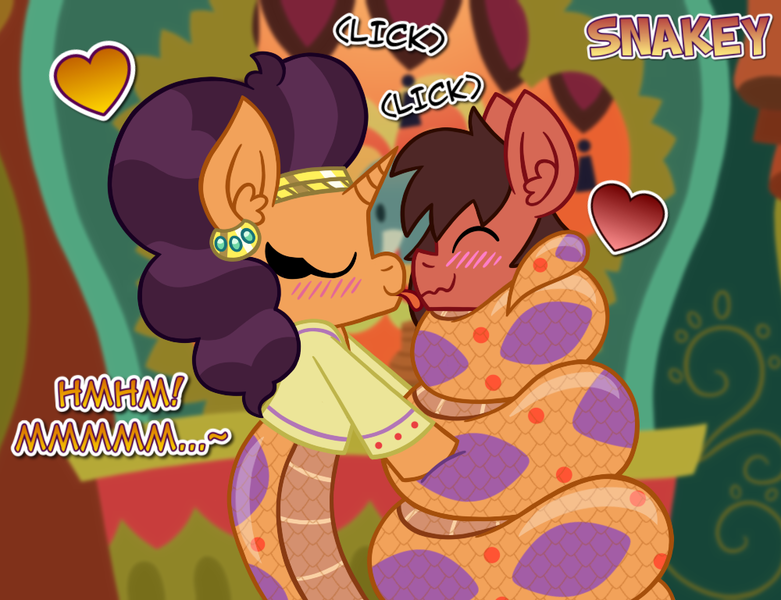 Size: 1000x768 | Tagged: safe, artist:snakeythingy, derpibooru import, saffron masala, oc, oc:sketchy dupe, lamia, original species, snake, snake pony, blushing, canon x oc, coiling, coils, licking, licking lips, sketchffron, story included, tongue out