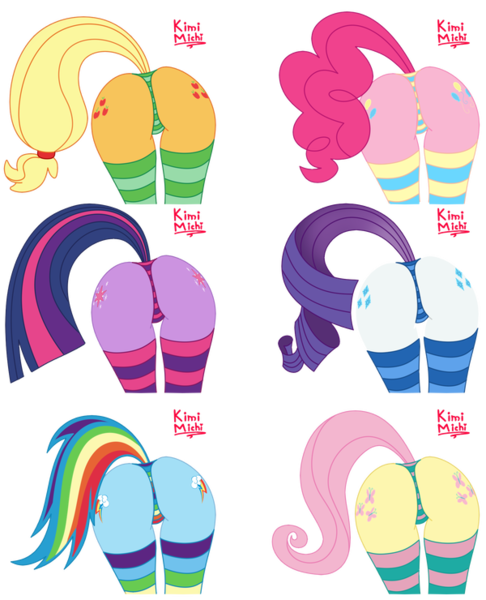 Size: 600x740 | Tagged: anthro, applebutt, applejack, artist:kimimichi, balloonbutt, both cutie marks, butt, butt only, clothes, derpibooru import, female, flutterbutt, fluttershy, green underwear, heart butt, mane six, panties, pinkie pie, plot, purple underwear, rainbow dash, rainbow socks, rainbow underwear, rainbutt dash, raised tail, rarity, rearity, simple background, socks, stockings, striped socks, striped underwear, suggestive, tail, thigh highs, thong, transparent background, twibutt, twilight sparkle, underwear