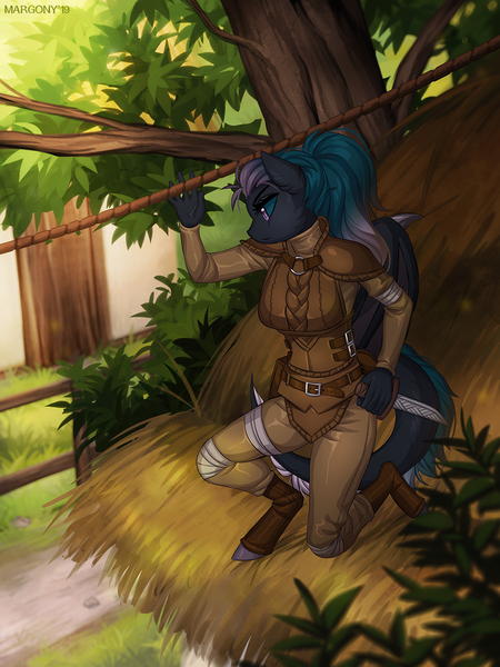 Size: 976x1300 | Tagged: safe, artist:margony, derpibooru import, oc, unofficial characters only, anthro, bat pony, unguligrade anthro, anthro oc, assassin, bat pony oc, bat wings, clothes, female, grass, knife, mare, roof, rope, scenery, solo, wings