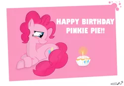 Size: 800x555 | Tagged: safe, artist:crackernut, derpibooru import, pinkie pie, earth pony, pony, birthday, blushing, candle, cupcake, cute, diapinkes, food, happy birthday, pinkie pie's birthday, profile, prone, signature, solo