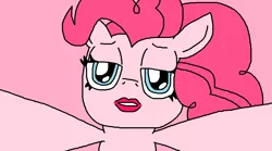 Size: 949x529 | Tagged: suggestive, artist:logan jones, derpibooru import, pinkie pie, pony, about to kiss, bedroom eyes, bronybait, eyelashes, female, fourth wall, fourth wall break, lidded eyes, lipstick, offscreen character, pink background, pov, simple background