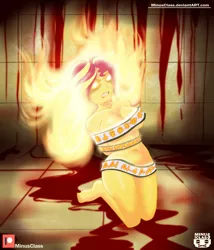 Size: 3000x3500 | Tagged: grimdark, suggestive, artist:minusclass, derpibooru import, sunset shimmer, equestria girls, arm behind back, belly button, blood, breasts, female, fire, fire hair, glowing eyes, gritted teeth, hands behind back, magic, nudity, solo, strategically covered, symbols, tied up