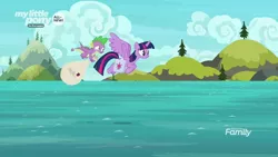 Size: 1920x1080 | Tagged: safe, derpibooru import, screencap, spike, twilight sparkle, twilight sparkle (alicorn), alicorn, dragon, pony, the point of no return, bag, flying, ocean, saddle bag, water, winged spike