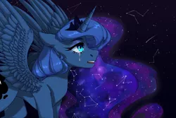 Size: 1500x1000 | Tagged: safe, artist:lissfoxz, derpibooru import, princess luna, alicorn, pony, constellation, crown, crying, ear fluff, ethereal mane, female, jewelry, leg fluff, mare, open mouth, profile, regalia, shooting star, solo, spread wings, starry mane, stars, wing fluff, wings