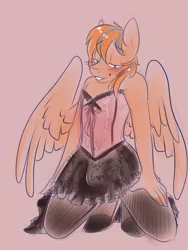 Size: 600x800 | Tagged: anthro, artist:azure-doodle, blushing, bow, burlesque, clothes, commission, corset, crossdressing, crotch bulge, derpibooru import, erection, femboy, girly, hand on thigh, hands on thighs, lidded eyes, looking at you, male, oc, oc:cold front, pegasus, penis, pink background, seductive look, simple background, skirt, skirt boner, smiling, socks, solo, spread wings, stockings, suggestive, sultry pose, tenting, thigh highs, unguligrade anthro, wings