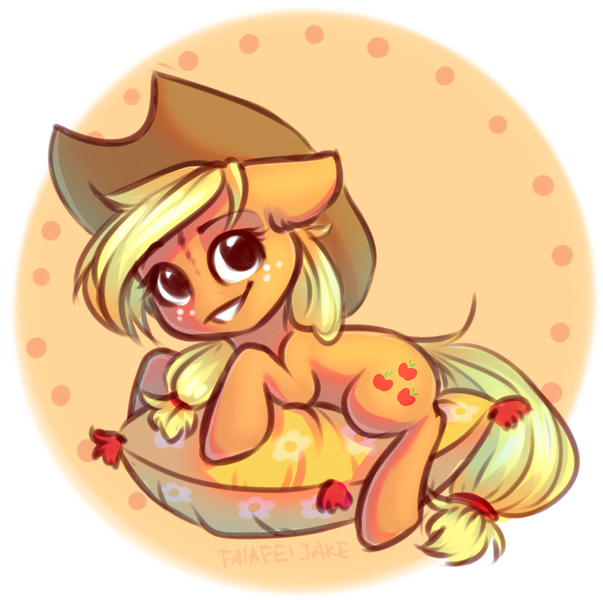 Size: 1077x1072 | Tagged: safe, artist:falafeljake, derpibooru import, applejack, earth pony, pony, cowboy hat, cute, ear fluff, female, floppy ears, hat, jackabetes, looking at you, mare, no nose, pillow, prone, smiling, solo