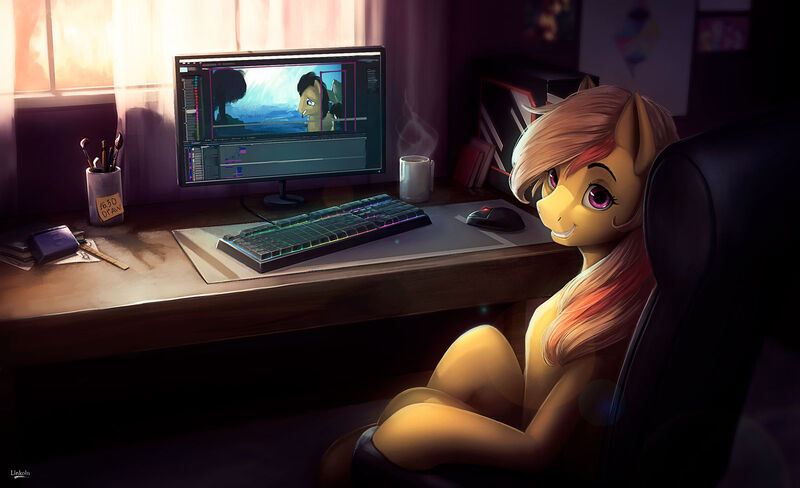 Size: 1600x975 | Tagged: safe, artist:l1nkoln, derpibooru import, doctor whooves, time turner, oc, pony, commission, computer, computer chair, computer mouse, desk, female, keyboard, looking at you, mare, monitor, mug, paintbrush, sitting, smiling, window