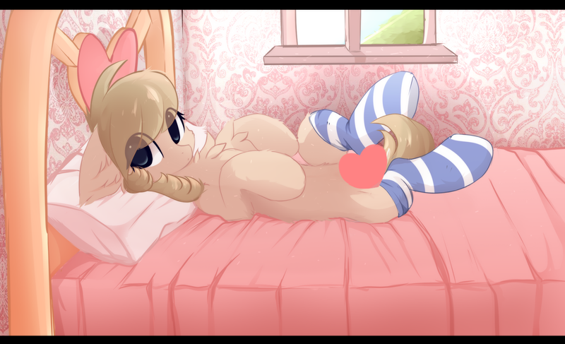 Size: 1920x1168 | Tagged: suggestive, artist:little-sketches, derpibooru import, oc, oc:vital sparkle, unofficial characters only, earth pony, pony, bed, censored, clothes, eye clipping through hair, female, looking at you, lying, mare, socks, solo, striped socks