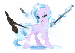 Size: 1024x725 | Tagged: safe, artist:dormin-kanna, derpibooru import, oc, oc:diamond dust, unofficial characters only, pony, unicorn, axe, battle axe, commission, diamond, evil grin, fork, grin, jewelry, looking at you, magic, necklace, pink, rapier, smiling, sword, telekinesis, two toned mane, weapon