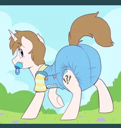 Size: 976x1024 | Tagged: suggestive, artist:cuddlehooves, derpibooru import, oc, oc:white shield, unofficial characters only, pony, unicorn, adult foal, clothes, cuddlehooves is trying to murder us, cute, diaper, diaper fetish, fetish, ocbetes, onesie, overalls, pacifier, poofy diaper, solo