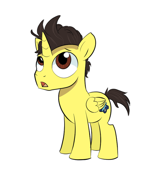 Size: 705x797 | Tagged: safe, artist:candyclumsy, derpibooru import, oc, oc:tommy the human, unofficial characters only, alicorn, pony, alicorn oc, colt, commissioner:bigonionbean, curious, cute, foal, horn, human oc, male, solo, wings