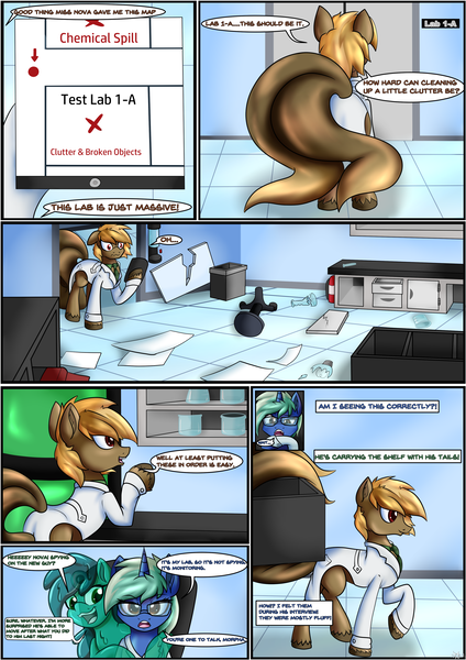 Size: 2893x4092 | Tagged: artist:novaspark, clothes, comic, comic:working for a mad mare, derpibooru import, goo, goo pony, lab coat, multiple tails, oc, oc:mocha glaze, oc:morpha, oc:nova spark, original species, safe, slime, unofficial characters only