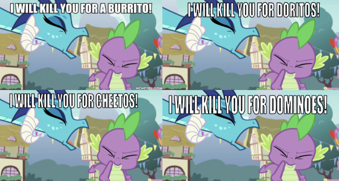 Size: 668x358 | Tagged: baby, baby dragon, burrito, cheetos, chips, comic, derpibooru import, domino's pizza, doritos, dragon, edit, edited screencap, editor:undeadponysoldier, female, food, funny, funny as hell, implied murder, male, meme, ponyville, princess ember, rhyming, safe, screencap, screencap comic, spike, text, triple threat, wrong aspect ratio, yelling