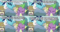 Size: 668x358 | Tagged: baby, baby dragon, burrito, cheetos, chips, comic, derpibooru import, domino's pizza, doritos, dragon, edit, edited screencap, editor:undeadponysoldier, female, food, funny, funny as hell, implied murder, male, meme, ponyville, princess ember, rhyming, safe, screencap, screencap comic, spike, text, triple threat, wrong aspect ratio, yelling