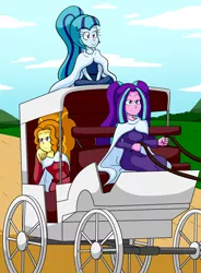 Size: 1122x1521 | Tagged: safe, artist:jake heritagu, derpibooru import, adagio dazzle, aria blaze, sonata dusk, comic:aria's archives, equestria girls, carriage, clothes, dress, female, pigtails, ponytail, robe, smiling, twintails, wagon