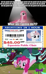 Size: 638x1010 | Tagged: semi-grimdark, derpibooru import, edit, edited screencap, screencap, nurse redheart, pinkie pie, pony, party of one, abortion, bait, barcode, coupon, credit card, downvote bait, implied abortion, party, text