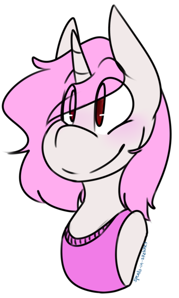 Size: 1009x1677 | Tagged: safe, artist:speaks-in-sketches, derpibooru import, oc, oc:cloud pink, unofficial characters only, pony, unicorn, blushing, bust, clothes, eye clipping through hair, femboy, male, no pupils, pink hair, pink shirt, portrait, red eyes, simple background, smiling, solo, stallion, tanktop, transparent background, white fur