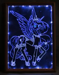Size: 1024x1310 | Tagged: safe, artist:irfp250n, artist:longinius, derpibooru import, princess luna, alicorn, pony, acrylic plastic, acrylight, blushing, clothes, craft, craft for the fearless, engraving, female, jewelry, led, lingerie, mare, necklace, smiling, solo, spread wings, stockings, thigh highs, tiara, underwear, white underwear, wings