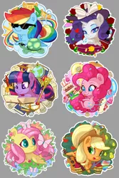 Size: 2880x4320 | Tagged: safe, artist:batonya12561, derpibooru import, applejack, fluttershy, gummy, pinkie pie, rainbow dash, rarity, tank, twilight sparkle, twilight sparkle (alicorn), alicorn, butterfly, earth pony, pegasus, pony, unicorn, apple, apple tree, balloon, book, bucket, cake, chibi, cloud, cowboy hat, cupcake, cute, female, flower, food, globe, guitar, hat, heart, hooves, horn, ice cream, jam, jar, lying down, mane six, mare, muffin, musical instrument, on a cloud, open mouth, pear, pear tree, pie, pillow, prone, quill, reading, rope, rose, scepter, scroll, smiling, sunglasses, tongue out, tree, twilight scepter, wings, zap apple, zap apple jam