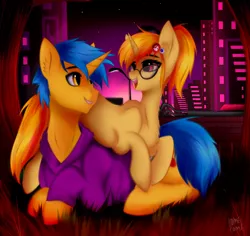 Size: 3179x3000 | Tagged: safe, artist:homecome, derpibooru import, oc, oc:code sketch, oc:nenenyaa, pony, unicorn, city, clothes, commission, female, friendshipping, glasses, hairpin, high res, hoodie, just friends, looking at each other, male, mare, night, not shipping, stallion, ych result
