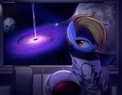 Size: 3071x2400 | Tagged: safe, artist:maren, derpibooru import, oc, unofficial characters only, pony, astronaut, clothes, commission, earth, hair over one eye, quasar, solo, space, spacesuit, window