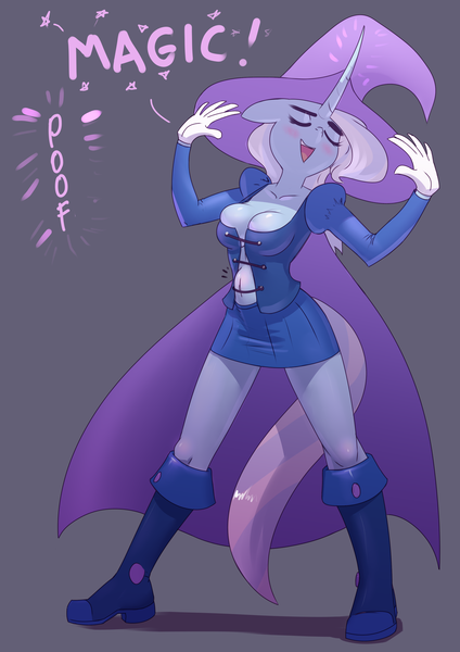 Size: 2480x3508 | Tagged: questionable, artist:chrysalisdraws, derpibooru import, trixie, anthro, plantigrade anthro, unicorn, abdominal bulge, blushing, boots, breast overpour, breasts, busty trixie, cape, clothes, female, hat, insertion, magic, mare, miniskirt, shoes, skirt, solo, solo female, teleportation, thighs, trixie's cape, trixie's hat, vaginal insertion