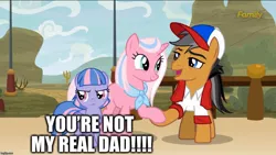 Size: 1136x640 | Tagged: safe, derpibooru import, edit, edited screencap, screencap, clear sky, quibble pants, wind sprint, earth pony, pegasus, pony, unicorn, common ground, caption, excessive exclamation marks, female, filly, foal, image macro, male, mare, neckerchief, stallion, text, trio