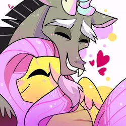 Size: 768x768 | Tagged: safe, artist:pinweena30, derpibooru import, discord, fluttershy, draconequus, pegasus, pony, blushing, cute, discoshy, discute, eyes closed, female, floating heart, heart, hug, male, shipping, shyabetes, signature, simple background, smiling, straight, white background