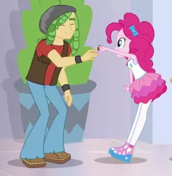 Size: 618x630 | Tagged: safe, derpibooru import, screencap, pinkie pie, sandalwood, a fine line, equestria girls, equestria girls series, clothes, cropped, eyes closed, female, geode of sugar bombs, magical geodes, male, pants, pantyhose, sandals, shipping fuel, shoes, skirt, smiling