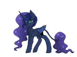 Size: 1600x1200 | Tagged: safe, artist:crazysurprise, derpibooru import, princess luna, pony, colored pupils, curved horn, horn, leonine tail, simple background, solo, two toned wings, white background, wings