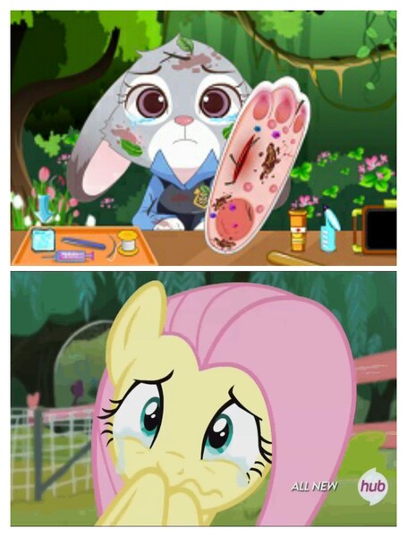 Size: 3106x4096 | Tagged: semi-grimdark, derpibooru import, edit, edited screencap, screencap, fluttershy, pony, filli vanilli, crying, elsagate, feet, fetish, foot fetish, hub logo, injured, judy hopps, sad, wat, zootopia