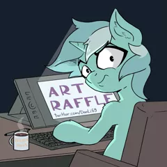 Size: 2107x2107 | Tagged: safe, artist:danli69, derpibooru import, lyra heartstrings, pony, graphics tablet, keyboard, mug, raffle