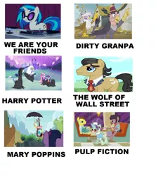 Size: 843x948 | Tagged: alicorn, applejack, derpibooru import, dirty grandpa, discord, edit, edited screencap, family appreciation day, filthy rich, gilda, grampa gruff, harry potter, mary poppins, meme, pulp fiction, safe, screencap, suited for success, the lost treasure of griffonstone, the saddle row review, the wolf of wall street, three's a crowd, twilight's kingdom, twilight sparkle, twilight sparkle (alicorn), vinyl scratch, we are your friends