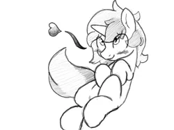 Size: 1440x1080 | Tagged: safe, artist:lurker, derpibooru import, oc, oc:lurker, pony, unicorn, black and white, blushing, grayscale, heart, lying down, monochrome, sketch