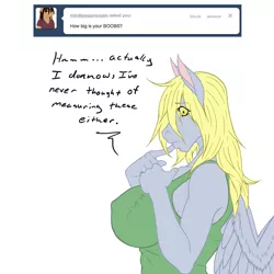 Size: 1024x1024 | Tagged: anthro, artist:omnoproxyl337, artist:raistlinalston16, big breasts, breasts, busty derpy hooves, derpibooru import, derpy hooves, erect nipples, female, hoers, huge breasts, nipple outline, oc, oc:mindlessgonzo, pegasus, solo, solo female, source needed, suggestive, text, tumblr, useless source url