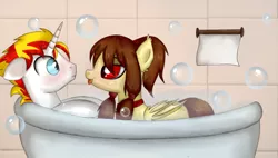 Size: 1415x805 | Tagged: safe, artist:cheila, derpibooru import, oc, oc:clay duster, oc:noctalia, unofficial characters only, bat pony, pony, unicorn, bat pony oc, bat wings, bath, bathroom, bathtub, blushing, bubble, bubble bath, claytalia, collar, eye contact, female, horn, looking at each other, male, tongue out, unicorn oc, wet, wet mane, wings