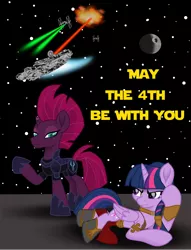 Size: 3584x4699 | Tagged: safe, artist:ejlightning007arts, derpibooru import, tempest shadow, twilight sparkle, twilight sparkle (alicorn), alicorn, pony, unicorn, angry, crossover, death star, explosion, implied lesbian, implied tempestlight, may the fourth be with you, millenium falcon, princess leia, slave leia outfit, star wars, starfighter, stars, starship, tie fighter