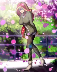 Size: 1896x2416 | Tagged: suggestive, artist:tyron91, derpibooru import, sunset shimmer, human, equestria girls, big breasts, breasts, busty sunset shimmer, cherry blossoms, clothes, female, flower, flower blossom, humanized, looking at you, smiling, solo, solo female, walking