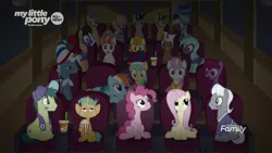 Size: 1920x1080 | Tagged: safe, derpibooru import, screencap, berry punch, berryshine, carrot top, cherry cola, cherry fizzy, comet tail, daisy, derpy hooves, flower wishes, fluttershy, golden harvest, goldengrape, lyra heartstrings, mochaccino, pinkie pie, pokey pierce, rainbow dash, rainbow stars, rare find, royal riff, sir colton vines iii, snails, sunshower raindrops, team spirit, twinkleshine, written script, earth pony, pegasus, pony, unicorn, common ground, adaisable, adorableshine, background pony, berrybetes, clothes, colt, cute, cutie top, diasnails, discovery family logo, eating, female, foal, food, hat, irrational exuberance, jersey, lyrabetes, male, mare, popcorn, shyabetes, smiling, stallion, theater, wall of tags