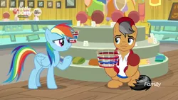 Size: 1920x1080 | Tagged: safe, derpibooru import, screencap, quibble pants, rainbow dash, earth pony, pegasus, pony, common ground, ball, baseball cap, basket, buckball museum, cap, clothes, discovery family logo, duo, female, hat, hoof hold, male, mare, museum, shirt, stallion