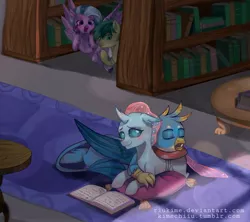 Size: 1297x1153 | Tagged: safe, artist:riukime, derpibooru import, gallus, ocellus, sandbar, silverstream, changedling, changeling, earth pony, gryphon, hippogriff, pony, blushing, book, bookcase, cheek squish, cuddling, cute, dark, diaocelles, diastreamies, eyes closed, female, floppy ears, flying, gallabetes, happy, hoof over mouth, hug, leg fluff, library, lidded eyes, luslus, male, open mouth, peeking, pillow, shipping, sleeping, smiling, snuggling, spread wings, squishy cheeks, straight, wings