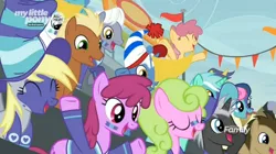 Size: 1676x939 | Tagged: safe, derpibooru import, screencap, berry punch, berryshine, bon bon, comet tail, dark moon, derpy hooves, dizzy twister, doctor whooves, graphite, lyra heartstrings, meadow song, orange swirl, pokey pierce, royal riff, sweetie drops, time turner, earth pony, pegasus, pony, unicorn, common ground, background pony, clothes, face paint, female, hat, jersey, male, mare, stallion