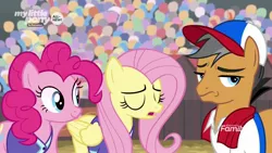 Size: 1920x1080 | Tagged: safe, derpibooru import, screencap, fluttershy, pinkie pie, quibble pants, earth pony, pegasus, pony, common ground, baseball cap, cap, clothes, discovery family logo, eyes closed, female, hat, male, mare, scarf, shirt, sideways glance, stallion, trio