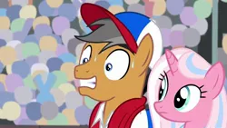 Size: 1920x1080 | Tagged: safe, derpibooru import, screencap, clear sky, quibble pants, earth pony, pony, unicorn, common ground, baseball cap, cap, clothes, discovery family logo, duo, female, hat, male, mare, nervous, shirt, stallion, sweat